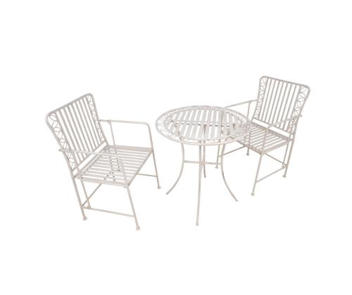 Parvekesetti JASMINE pöytä ja 2 tuolia, antiikkivalkoista metallia