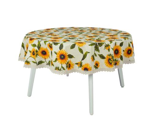 Pöytäliina LONETA UUSI pitsillä, D170cm, auringonkukat, 50% polyesteri, 50% puuvilla, kangas 424