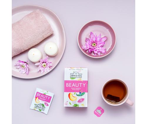 Yrttitee AHMAD Beauty persikka, mäkikuisma ja ruusun terälehtiä 20 kpl kirjekuoressa