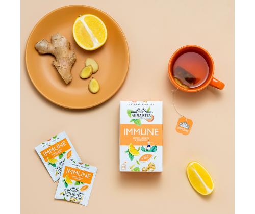 Hedelmätee AHMAD Immune sitruuna inkivääri ja kurkuma 20 kpl kirjekuoressa