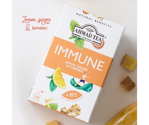 Hedelmätee AHMAD Immune sitruuna inkivääri ja kurkuma 20 kpl kirjekuoressa