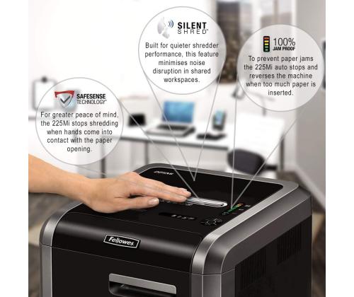 Silppuri ristiinleikkaava Fellowes 225Mi 12 arkkia turvataso 5