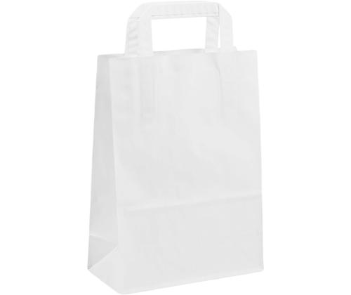 Paperikassi litteällä kahvalla, 180x80x220 mm, 70 gsm, valmistettu valkoisesta voimapaperista.