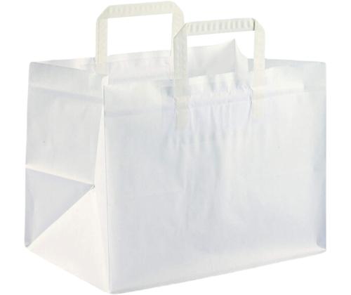 Paperikassi litteällä kahvalla, leveä pohja 260x175x245 mm, 70 gsm, valkoinen voimapaperi