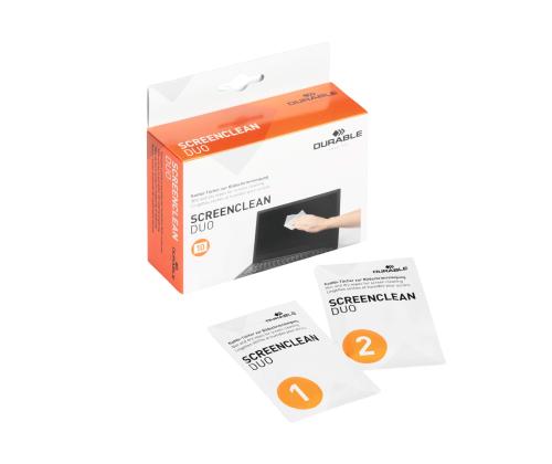 Näytön puhdistusliinat kostutettu DURABLE Screenclean Duo märkä+kuiva 10 kpl pakkauksessa