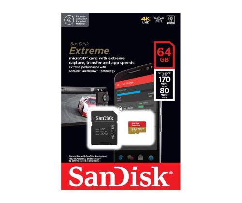 SANDISK Extreme, microSD, 64 GB - Muistikortti ja sovitin