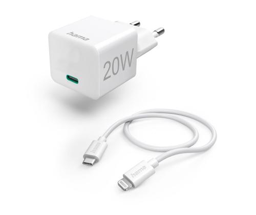 HAMA Seinälaturi ja Lightning-kaapeli, 20W, valkoinen - Latausadapteri kaapelilla