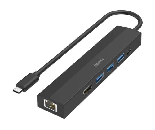 Hama USB-C Hub, 3x USB-A 3.2 Gen 1, USB-C, HDMI, LAN, musta - USB-jakaja