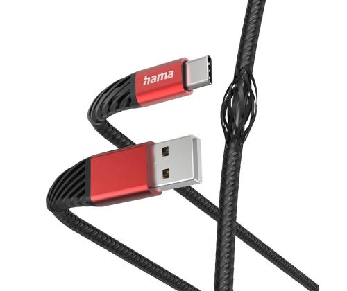 Hama Extreme latauskaapeli, USB-A - USB-C, Nylon, 1,5 m, musta/punainen - Kaapeli