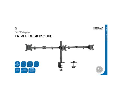 Deltaco Triple Desk Mount, 13-27'', musta - Monitorin kolmijalkainen jalusta