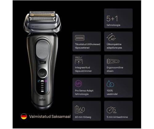 Braun Series 9 Pro+ Wet & Dry, 6-osainen SmartCare-keskus ja PowerCase-matkalaukku, tummanharmaa - Pardel