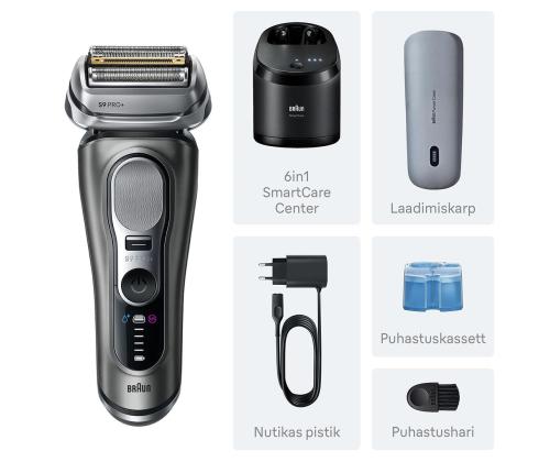Braun Series 9 Pro+ Wet & Dry, 6-osainen SmartCare-keskus ja PowerCase-matkalaukku, tummanharmaa - Pardel