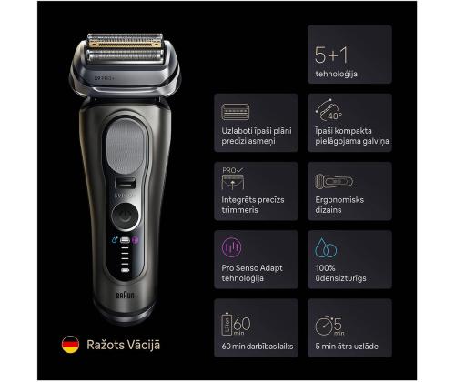 Braun Series 9 Pro+ Wet & Dry, 6-osainen SmartCare-keskus ja PowerCase-matkalaukku, tummanharmaa - Pardel