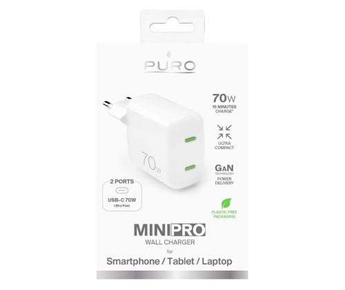 Puro MiniPro GaN seinälaturi, USB-C, 70W, valkoinen - Laturi