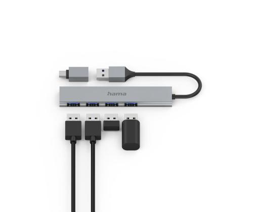 HAMA USB Hub, 4x USB 3.2 Gen 1, USB-C-sovitin, harmaa - USB-jakaja