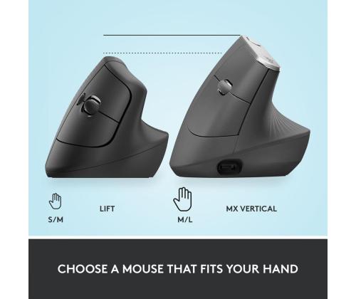 Logitech Lift Vertical Ergonomic Mouse, äänetön, musta - Langaton optinen hiiri - Langaton optinen hiiri