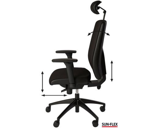 Toimistotuoli SUN-FLEX HB 250505, jossa on pääntuki, tavalliset käsinojat/kankainen Onyx Black+musta alum. alumiini. jalusta