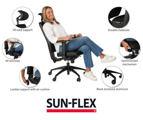 Toimistotuoli SUN-FLEX HB 250505, jossa on pääntuki, tavalliset käsinojat/kankainen Onyx Black+musta alum. alumiini. jalusta