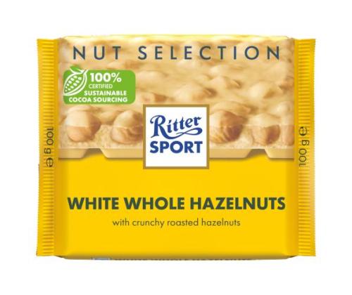 Valkosuklaa RITTER SPORT kokonaisilla hasselpähkinöillä 100g