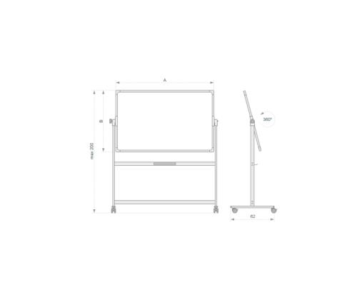 Valkotaulu pyörillä 2000x1200mm kaksipuolinen pyörivä akselin ympäri E3 keraaminen kiiltävä pinta 2x3