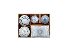 Setti SOMETSUKE 4-kulho, maljakko ja syömäpuikot, sininen