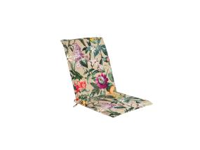 Tuolinpäällinen selkänojalla AMAZONIA 42x90x3cm, "Java" tyyppinen tuoli, jossa on röyhelö, kukkia, beige pohja, 50% polyesteriä/ 50% puuvillaa