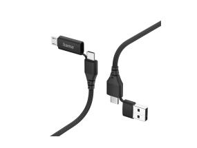 Hama 4-in-1 USB-C/USB-A - USB-C/Micro-USB, 1,5 m, nailon, musta - Kaapeli