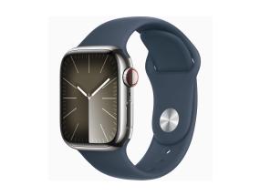 Apple Watch Series 9 GPS + Cellular, 41 mm, urheiluranneke, S/M, hopea, ruostumaton teräs / sininen - Älykello - Smartwatch