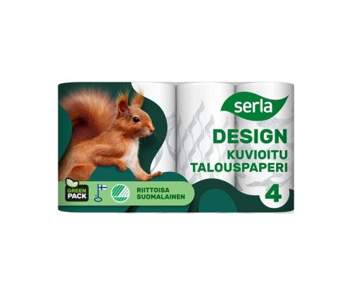 2-kerroksinen talouspaperi SERLA Oravakuvio 4 rullaa pakkauksessa