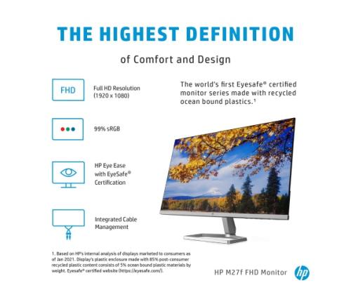 HP M27f -näyttö 27" (68,6 cm) IPS, FHD 1920x1080, 5ms, 300 cd/m2, 75Hz, musta/hopea