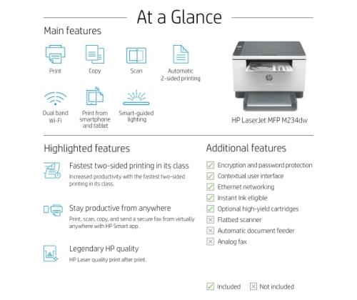 HP LaserJet MFP M234dw Tulostin Laser S/W A4 29 sivua/min Wi-Fi USB Bluetooth Ethernet LAN