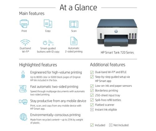 HP Smart Tank 720 AiO -tulostin Mustesuihkutulostin Väri MFP A4 15 ppm USB Wi-Fi