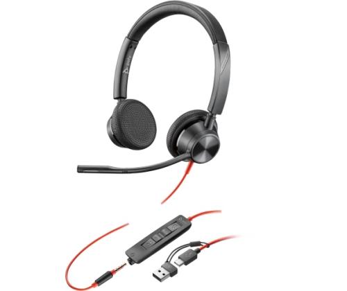 POLY Blackwire 3325 langalliset stereokuulokkeet, 3,5 mm:n liitäntä, USB-C/A-sovitin, musta