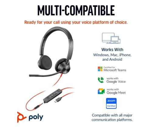 POLY Blackwire 3325 Stereo MS Teams langalliset kuulokkeet, 3,5 mm liitin, USB-C/A adapteri, musta