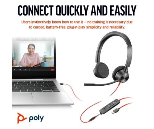 POLY Blackwire 3325 Stereo MS Teams langalliset kuulokkeet, 3,5 mm liitin, USB-C/A adapteri, musta