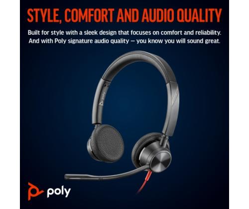 POLY Blackwire 3325 Stereo MS Teams langalliset kuulokkeet, 3,5 mm liitin, USB-C/A adapteri, musta