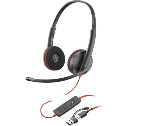 Poly Blackwire 3220 langalliset stereokuulokkeet, USB-C, USB-C/A-sovitin, musta
