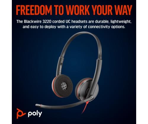 Poly Blackwire 3220 langalliset stereokuulokkeet, USB-C, USB-C/A-sovitin, musta