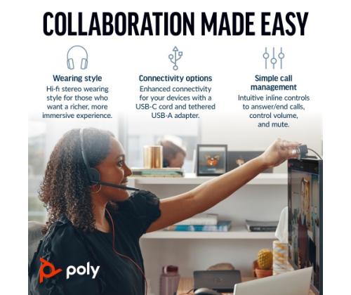 Poly Blackwire 3220 langalliset stereokuulokkeet, USB-C, USB-C/A-sovitin, musta