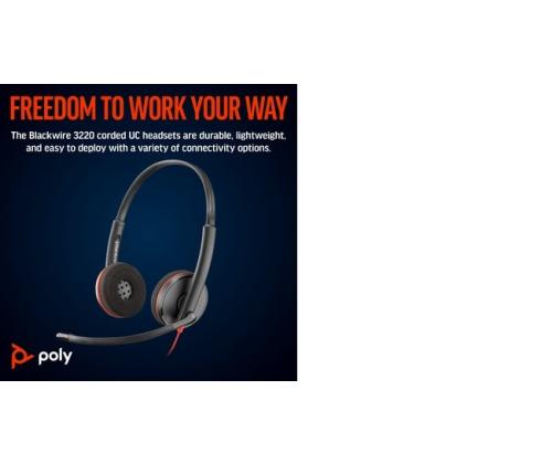 Poly Blackwire 3220 langalliset stereokuulokkeet, USB-C, USB-C/A-sovitin, musta