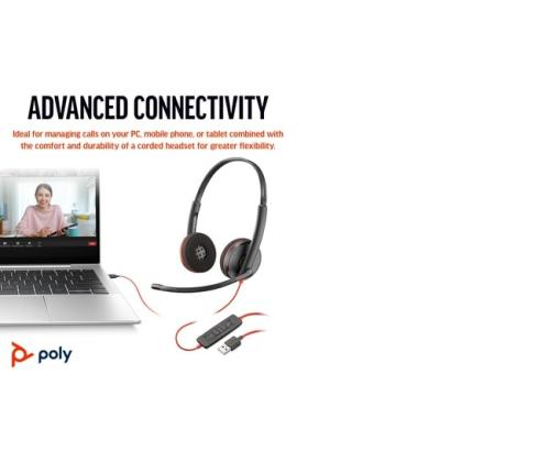 Poly Blackwire 3220 langalliset stereokuulokkeet, USB-C, USB-C/A-sovitin, musta