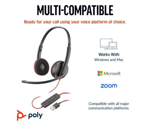 Poly Blackwire 3220 langalliset stereokuulokkeet, USB-C, USB-C/A-sovitin, musta
