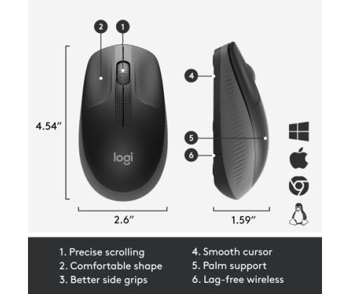 Logitech M190 täysikokoinen langaton hiiri, langaton RF, 1000 DPI, hiilenvärinen