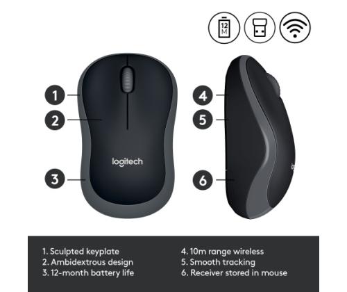 Logitech M185 langaton hiiri, RF Wireless, 1000 DPI, musta/harmaa