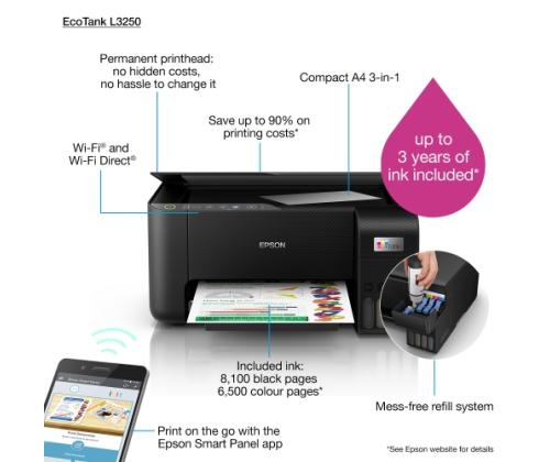 Epson EcoTank L3250 mustesuihkutulostin MFP Color A4 33 ppm Wi-Fi USB (SPEC)