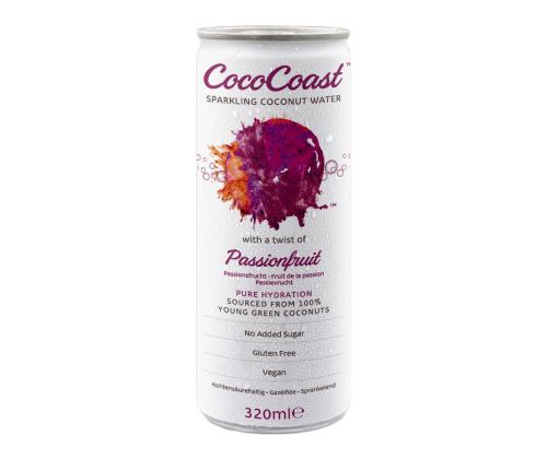 COCOCOAST Passionhedelmäkookosvesi 0,32 l (hiilihapotettu, tölkki)