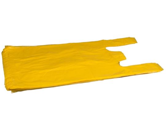 Muovipussi paidan kahvoilla 30x16x52mm HD 10mic keltainen 100 kpl pakkauksessa