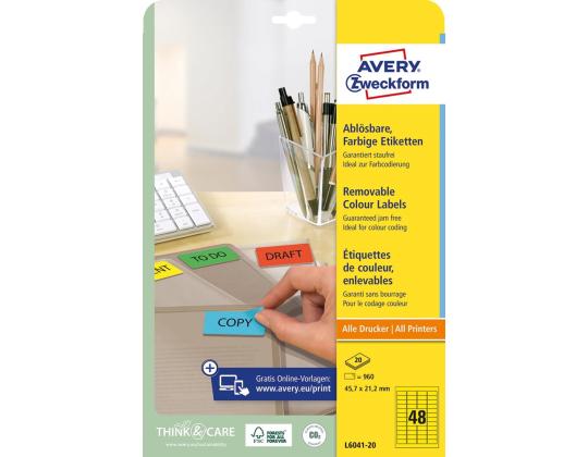 Tarratarra irrotettava AVERY Zweckform 45,7x21,2mm 20 arkkia per pakkaus keltainen (L6041-20)
