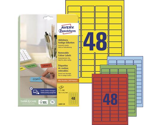 Tarratarra irrotettava AVERY Zweckform 45,7x21,2mm 20 arkkia per pakkaus keltainen (L6041-20)