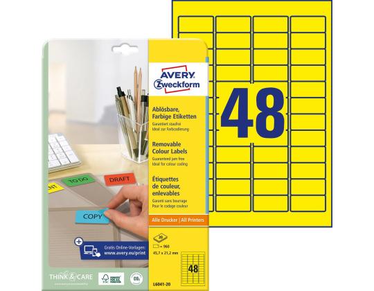 Tarratarra irrotettava AVERY Zweckform 45,7x21,2mm 20 arkkia per pakkaus keltainen (L6041-20)